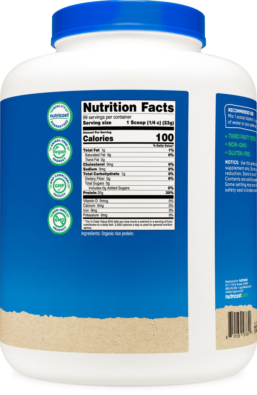 Nutricost organic rice protein powder label close-up emphasizes product quality.