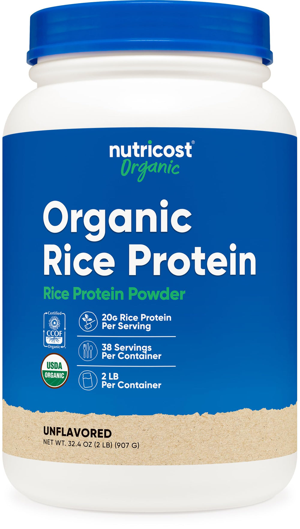 Nutricost Organic Rice Protein powder tub front showing plant-based protein for everyday shakes