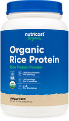 Nutricost Organic Rice Protein powder tub front showing plant-based protein for everyday shakes