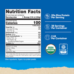 Nutricost Organic Rice Protein powder tub label highlighting gluten-free and non-GMO benefits