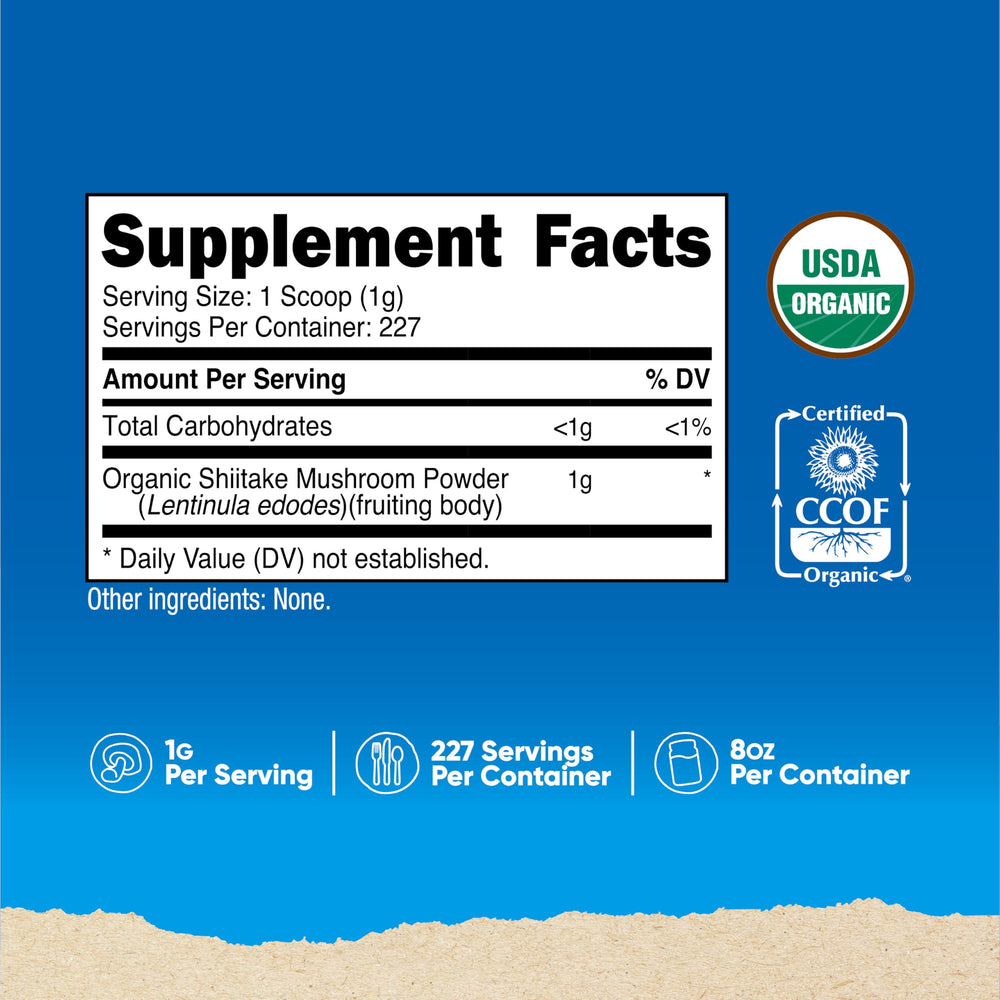 Label showing 100% USDA Organic certification on shiitake powder