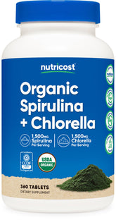 Bottle of Nutricost Organic Spirulina + Chlorella 360 tablets