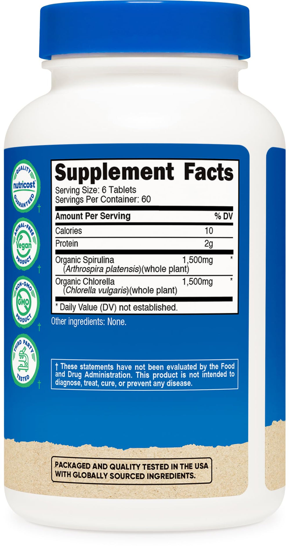 Nutricost organic spirulina and chlorella bottle with vegan, GMO-free icons