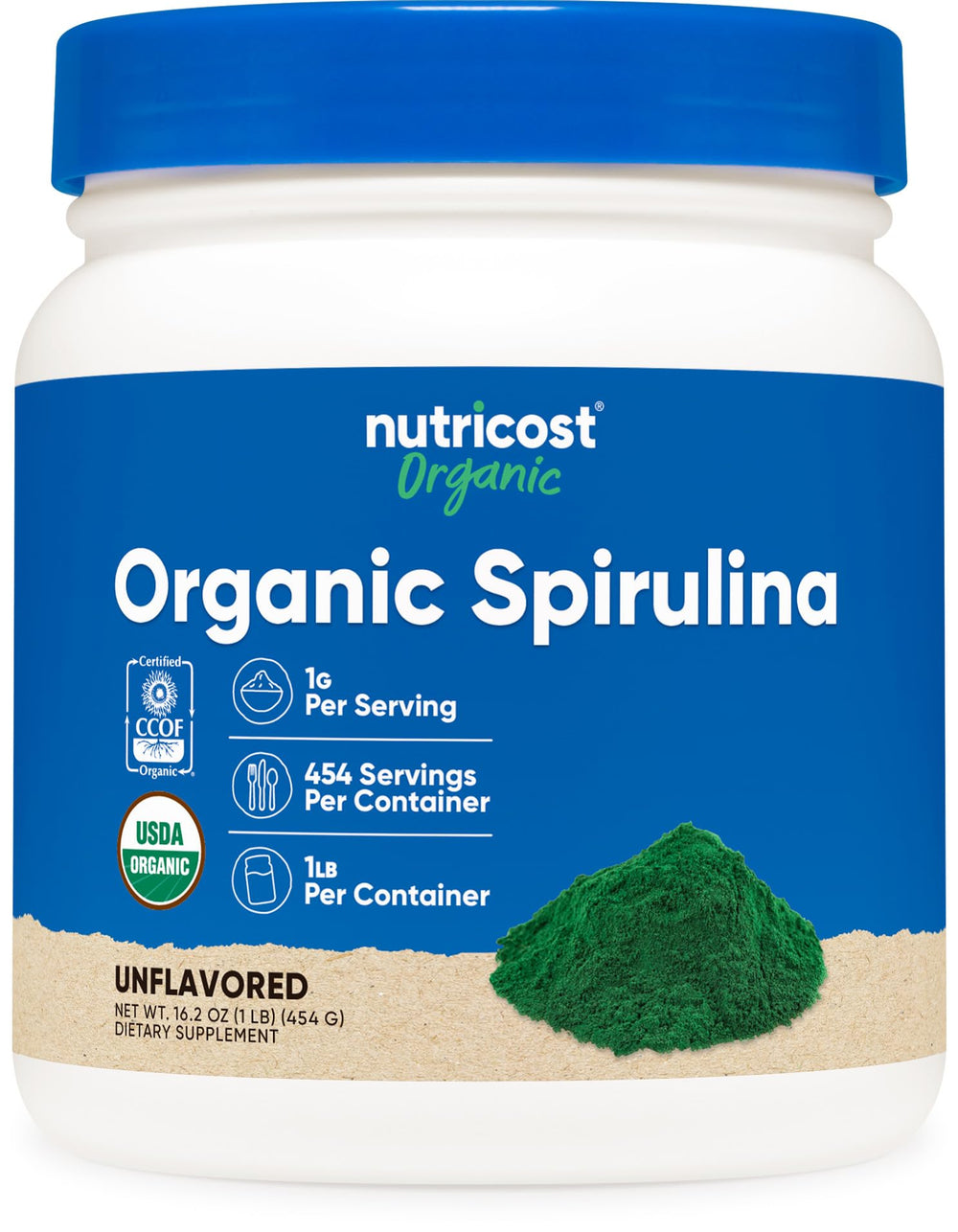 Nutricost Organic Spirulina Powder bottle front view, 454g / 1lb