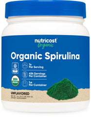 Nutricost Organic Spirulina Powder bottle front view, 454g / 1lb