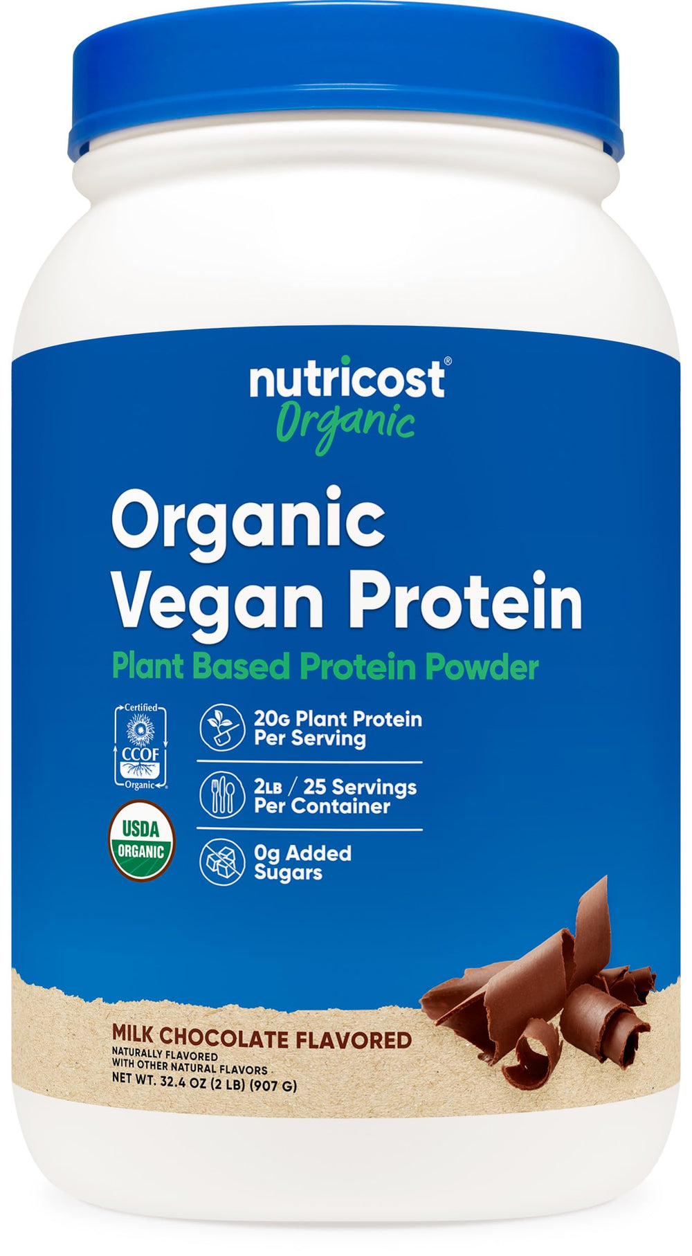 Nutricost Organic Vegan Protein Chocolate 2 lb tub label