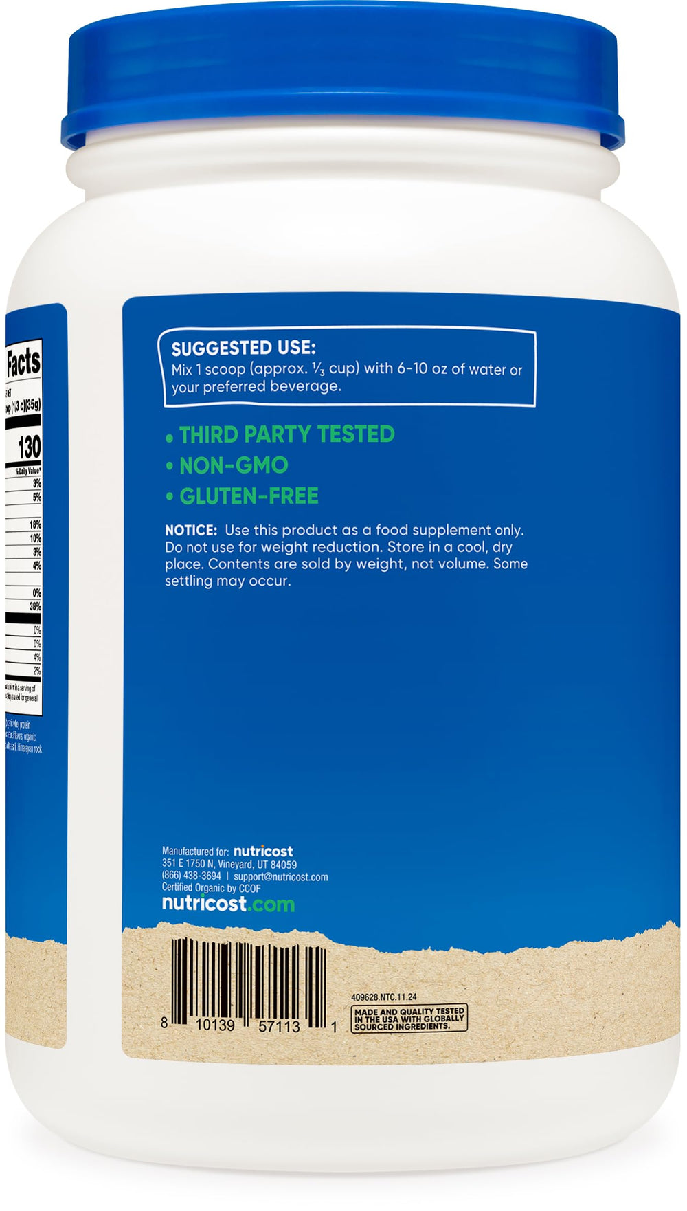 Nutricost organic whey protein concentrate ingredients label highlighting non-GMO and gluten-free.