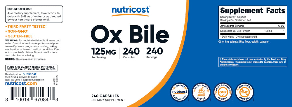 Open bottle showing 125mg Ox Bile capsules