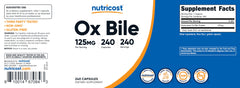 Open bottle showing 125mg Ox Bile capsules
