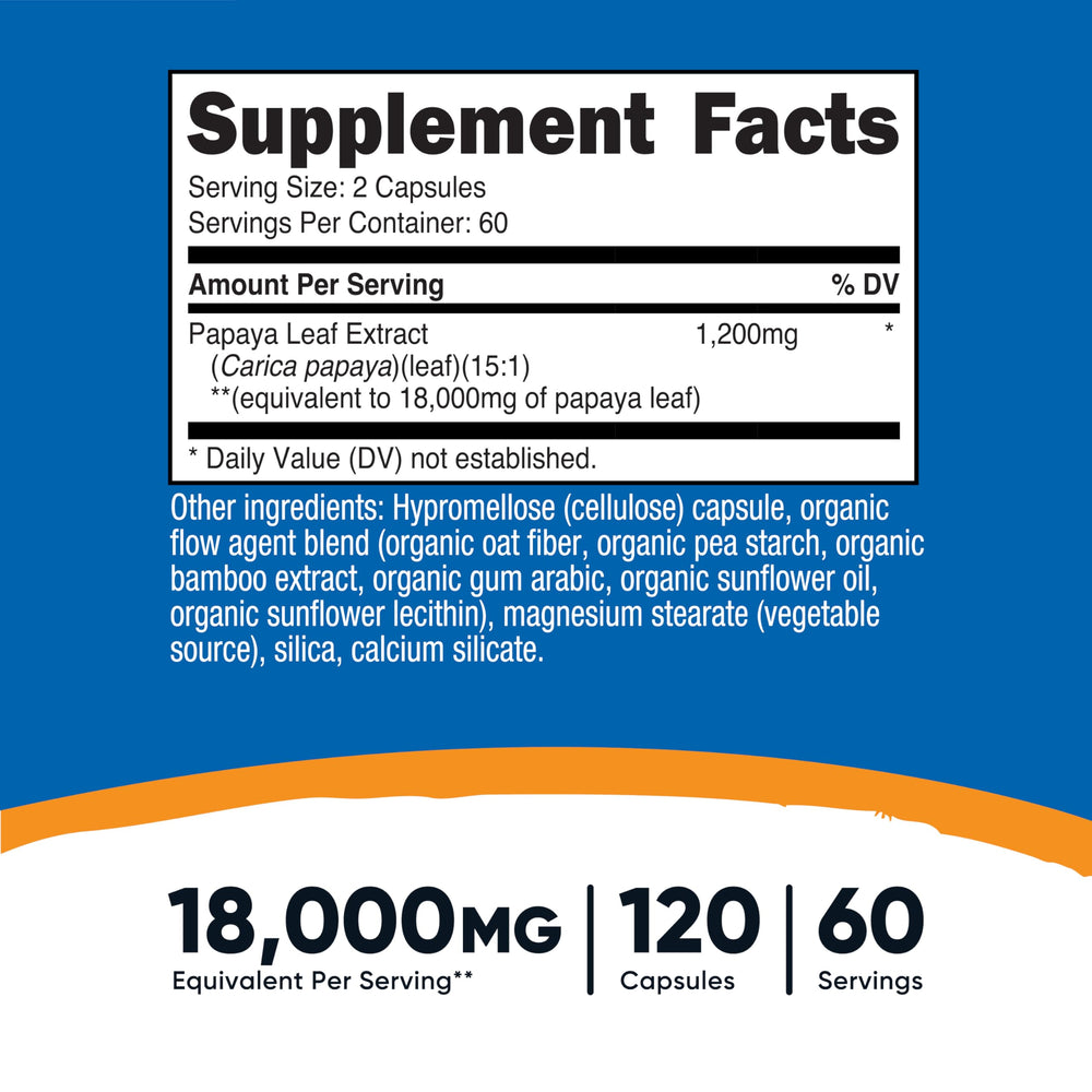 Nutricost Papaya Leaf Extract bottle back label with nutrition and certifications