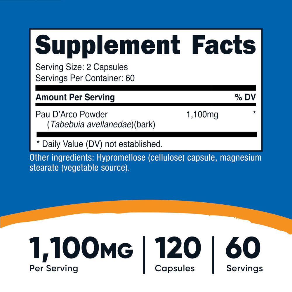 Close-up of Pau D'Arco 1100mg label on bottle