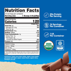 Nutricost pea protein chocolate scoop included for 20g per serving in smoothies