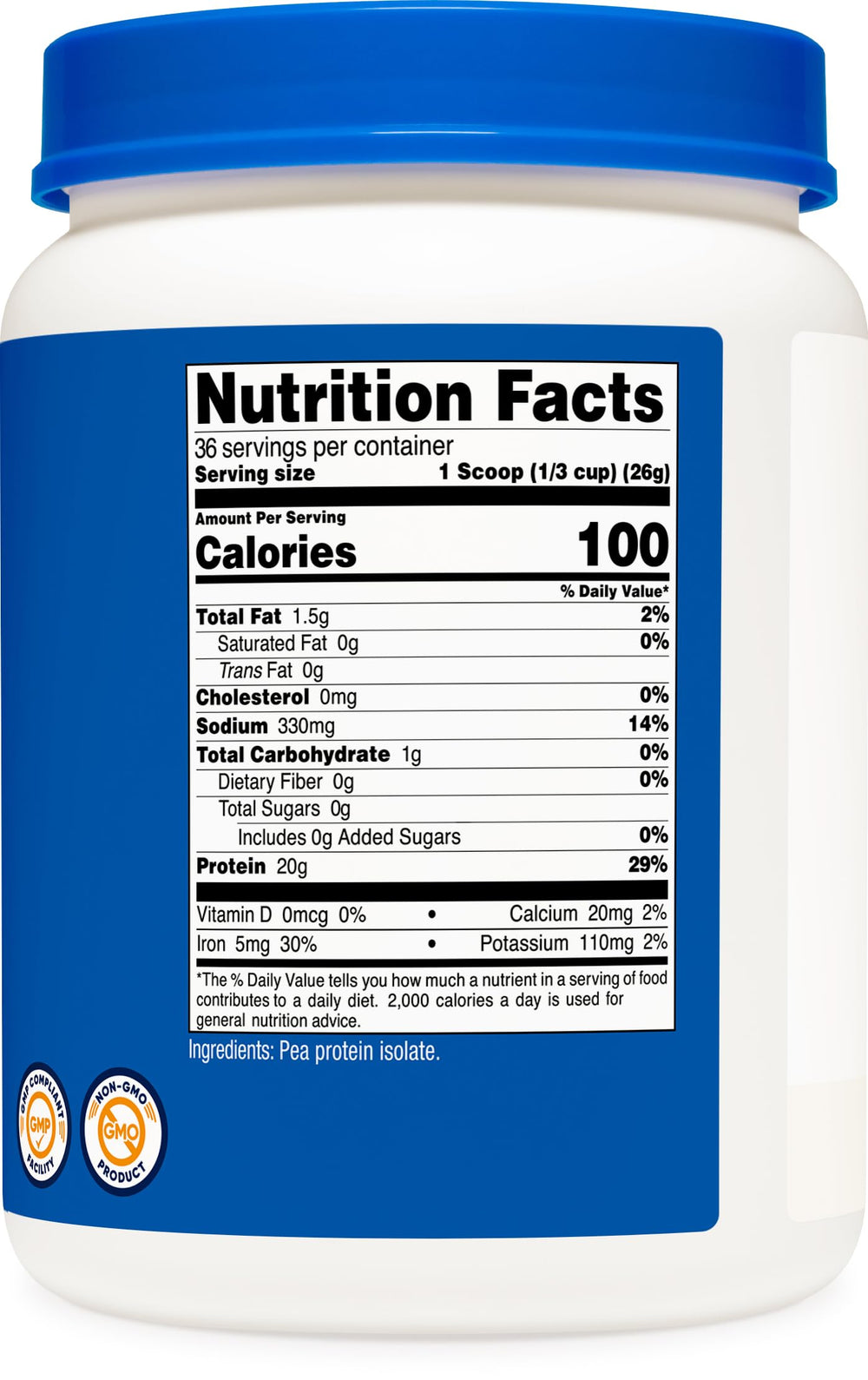 Nutricost pea protein powder label highlights vegan and gluten-free certifications.