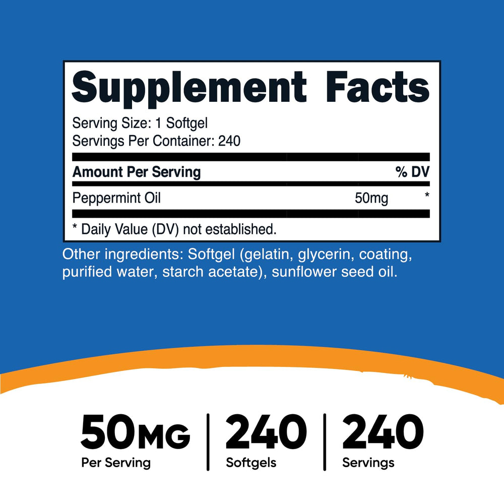 Close-up of Nutricost Peppermint Oil Softgels bottle and label