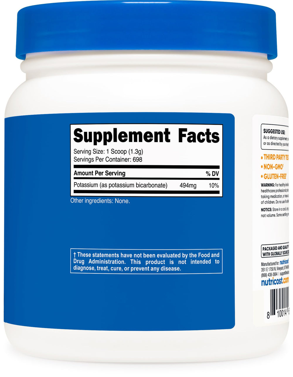 Nutrition facts panel for Nutricost Potassium Bicarbonate Powder 2 lb