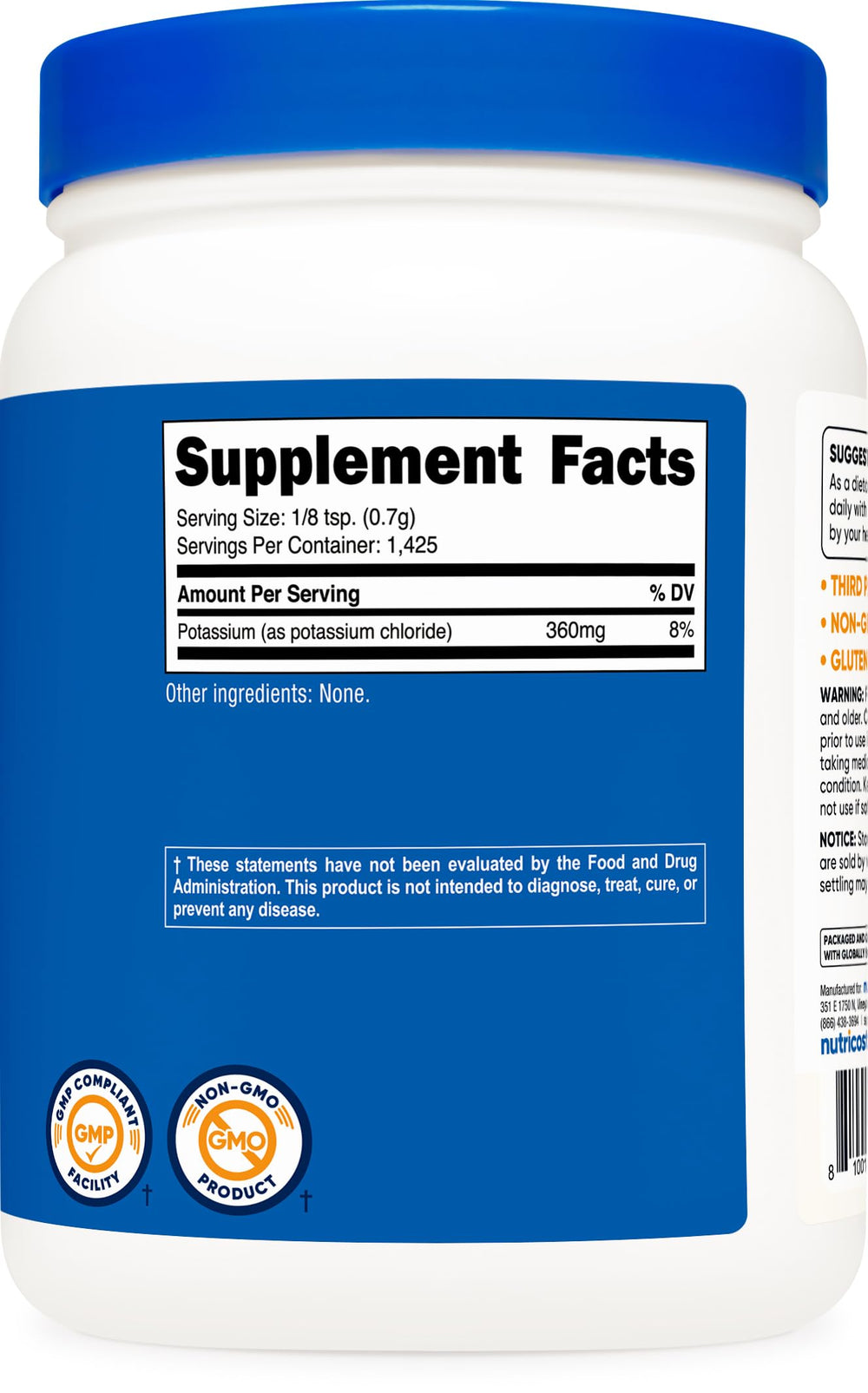 Nutricost Potassium Chloride Powder 1kg packaging and bottle