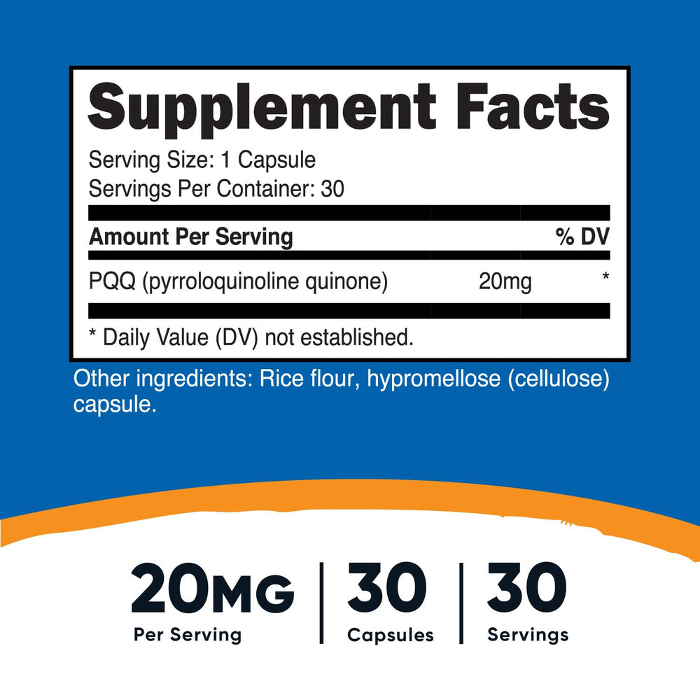 Close-up of Nutricost PQQ 20mg bottle
