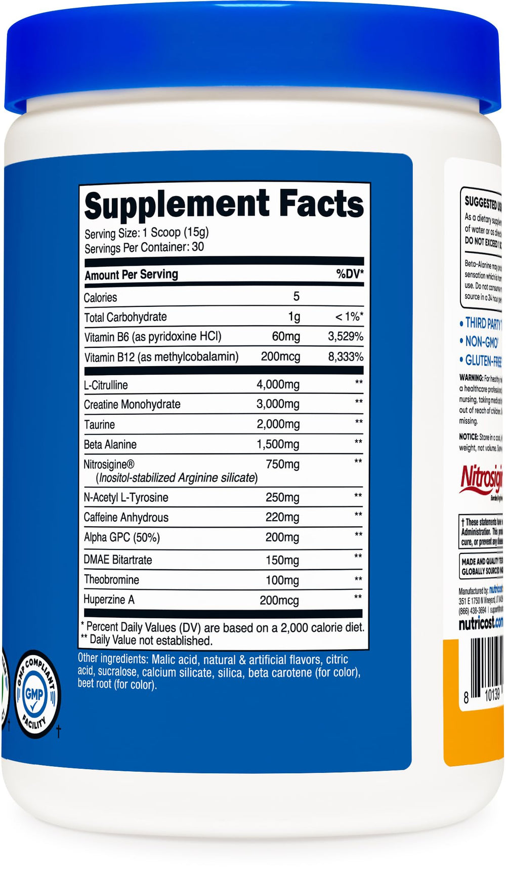 Nutricost Pre-C Peach Mango powder in shaker bottle ready for a quick, mixable pre-workout shake.