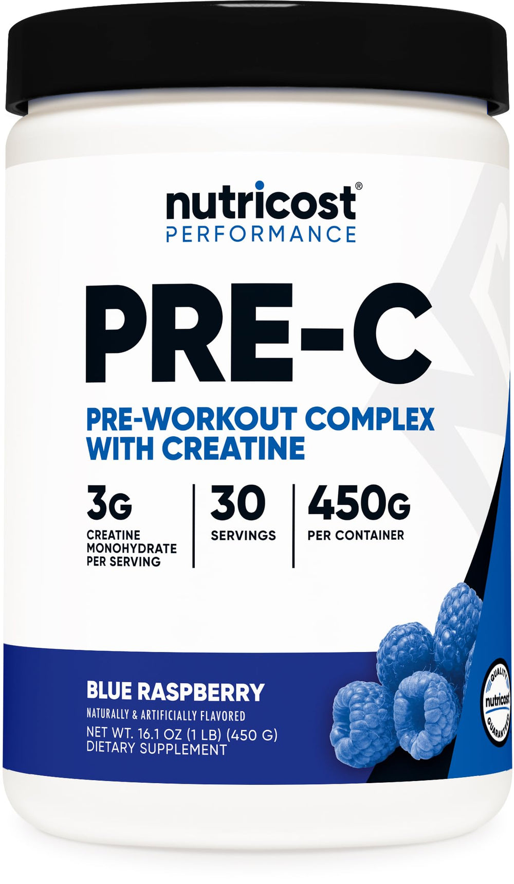 Nutricost Pre-C Pre-Workout Blue Rasberry tub for energized training sessions.