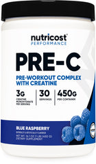 Nutricost Pre-C Pre-Workout Blue Rasberry tub for energized training sessions.