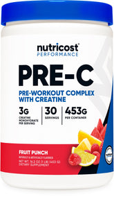 Nutricost Pre-C Pre-Workout Fruit Punch label close-up highlights creatine content for workouts.