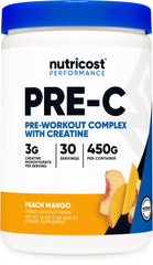 Nutricost Pre-C Peach Mango tub ready for pre-workout energy boost.