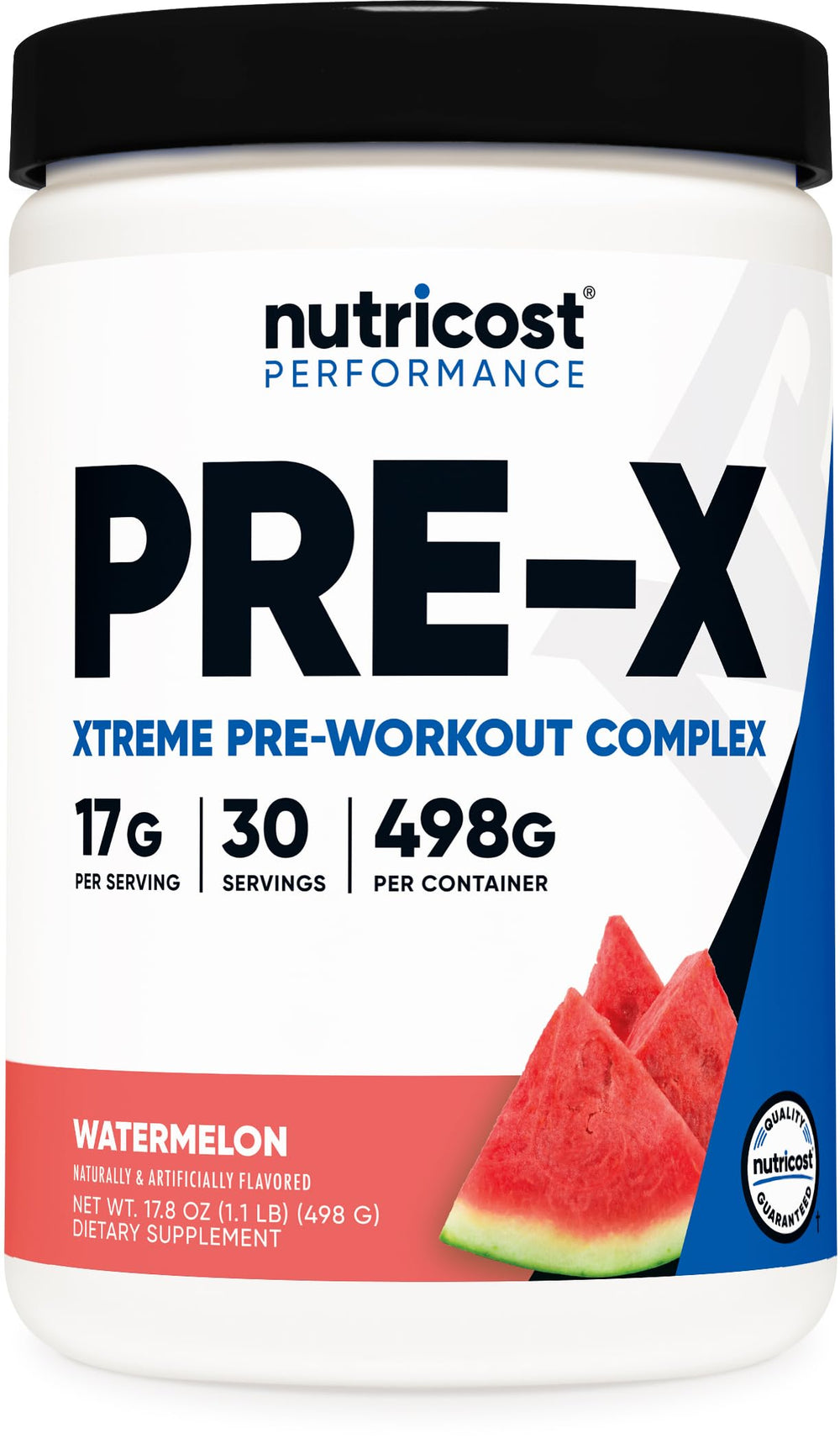 Nutricost Pre-Workout Watermelon tub label highlights ingredients for a clean formula pre-workout ritual