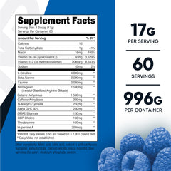 Ingredient panel showing L-Citrulline Malate 2:1, Beta-Alanine, Taurine, and more