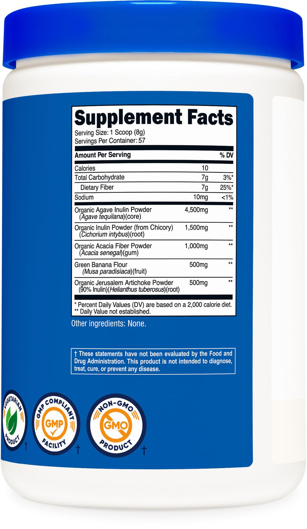 Nutrition facts and GMP facility labeling on Nutricost Prebiotic Fiber Unflavored 1lb