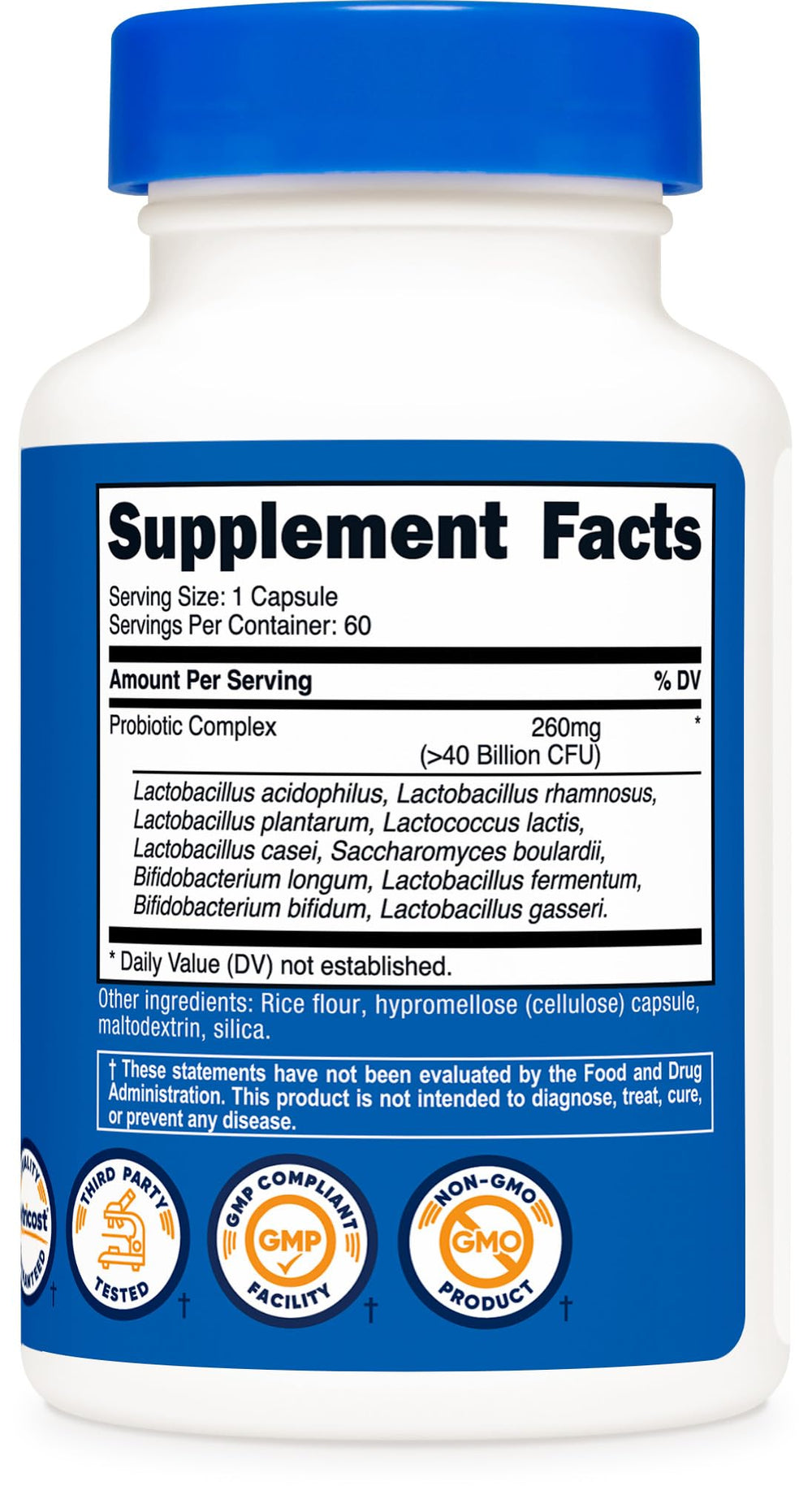 Nutricost Probiotic Complex bottle beside packaging and glass of water