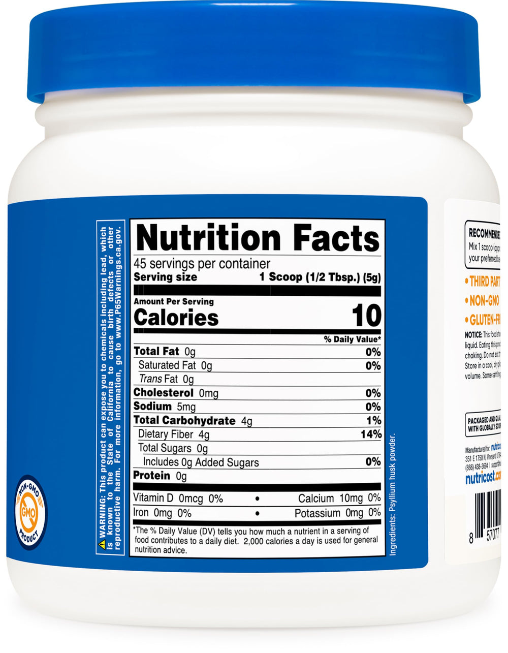 Dietary fiber supplement highlighting gluten-free and non-GMO attributes