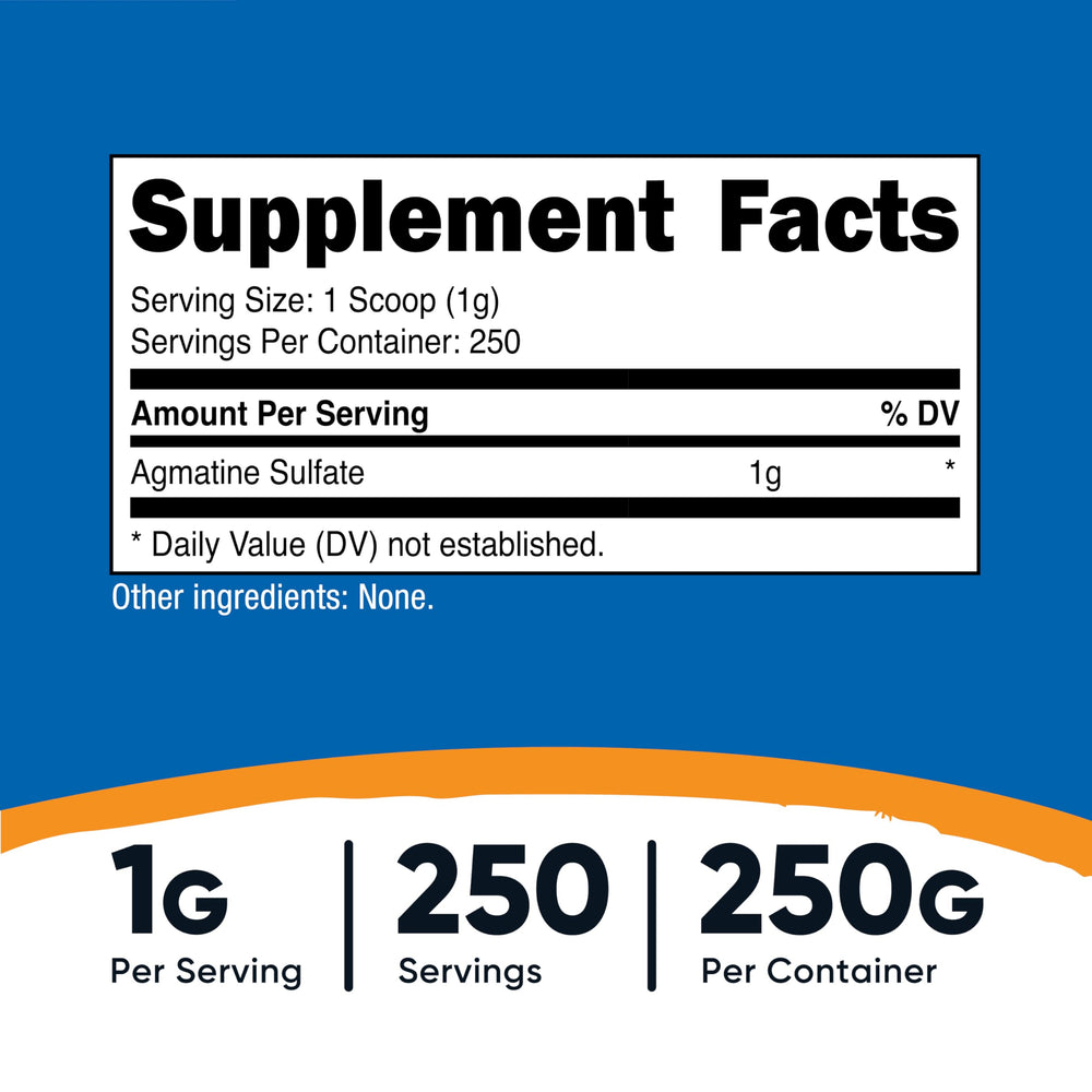Back label of Nutricost Agmatine Sulfate powder bottle