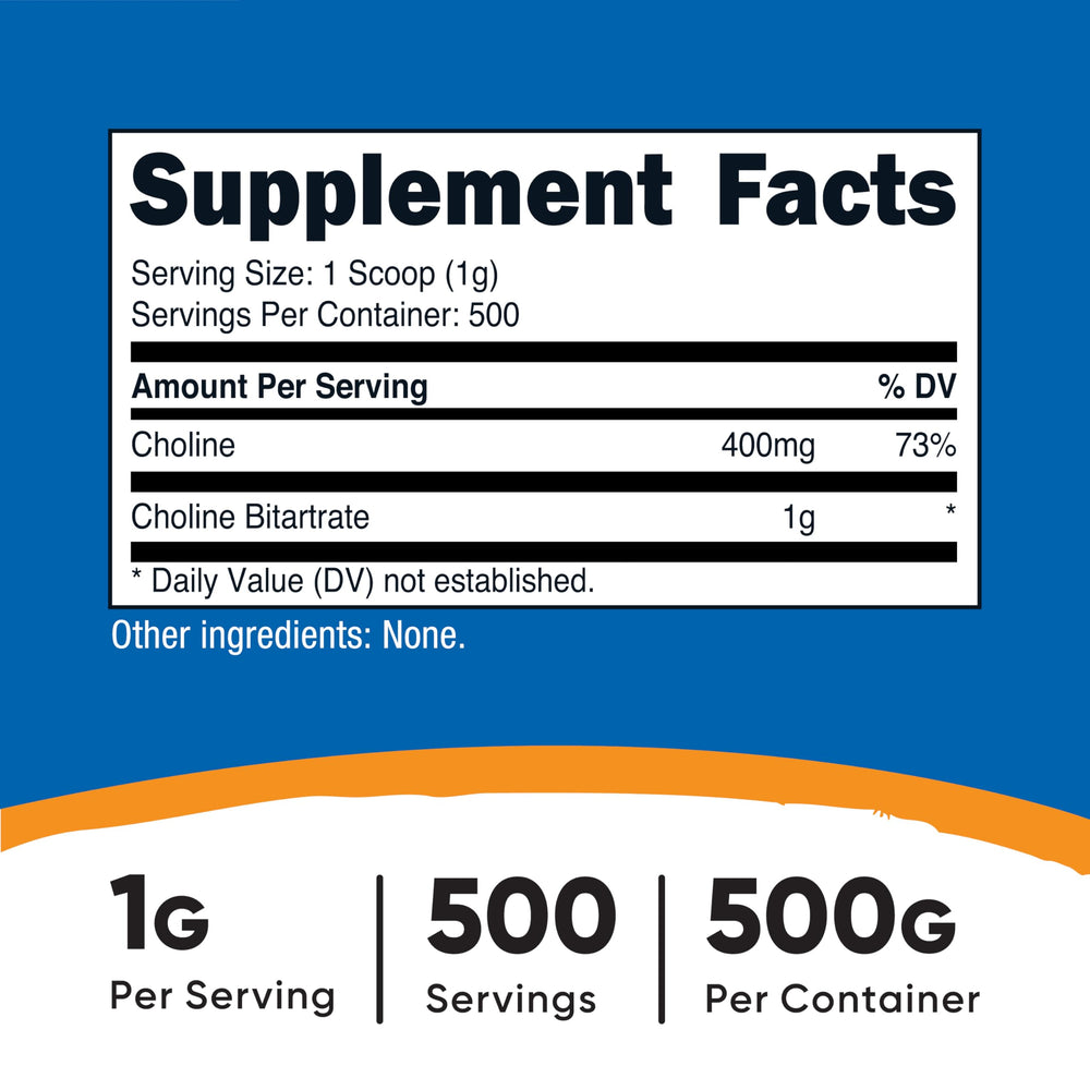 Bottle of Nutricost Pure Choline Bitartrate Powder 500g