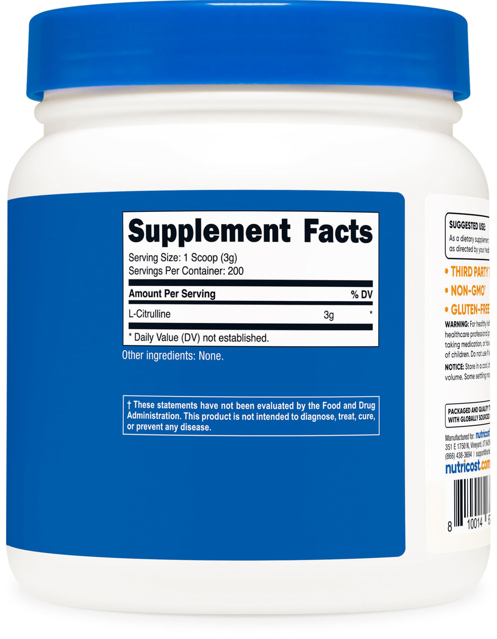Nutrition facts and ingredients panel for Nutricost L-Citrulline Base Powder 600g