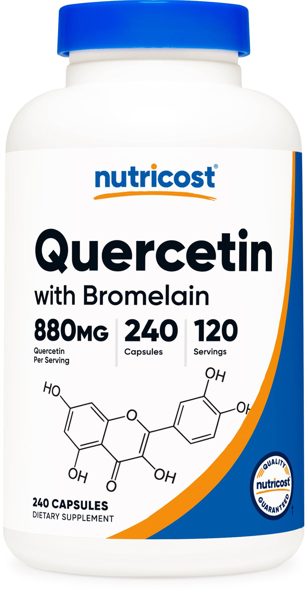 Bottle showing Nutricost Quercetin 880mg with 165mg Bromelain per serving and 120 servings per bottle