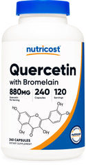 Bottle showing Nutricost Quercetin 880mg with 165mg Bromelain per serving and 120 servings per bottle