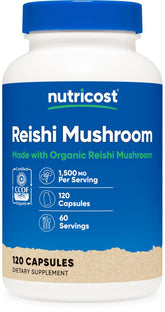 Nutricost Reishi Mushroom Capsules bottle label showing Organic and 1500mg per serving