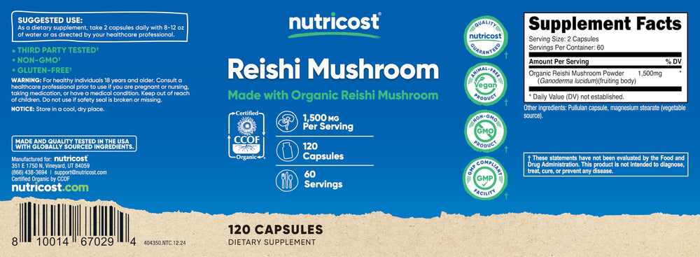 Side view of Nutricost Reishi Mushroom Capsules bottle on white background