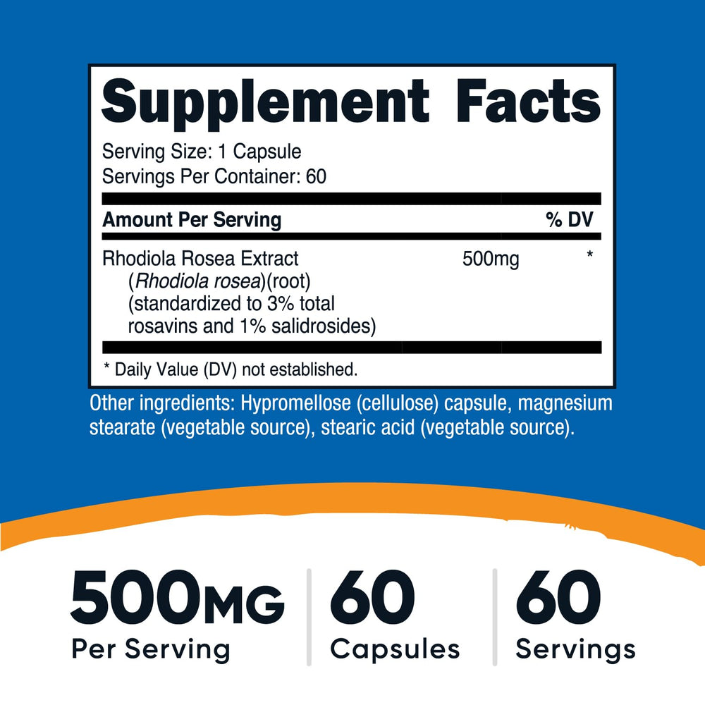 Back view of Nutricost Rhodiola Rosea 500mg bottle with supplement facts