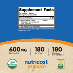 Close-up of Nutricost Shatavari label showing organic certification