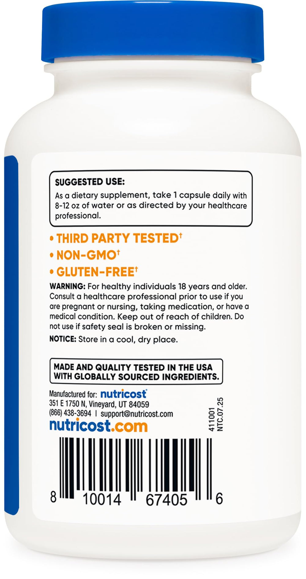 Gluten Free and Non-GMO indicators on Nutricost packaging