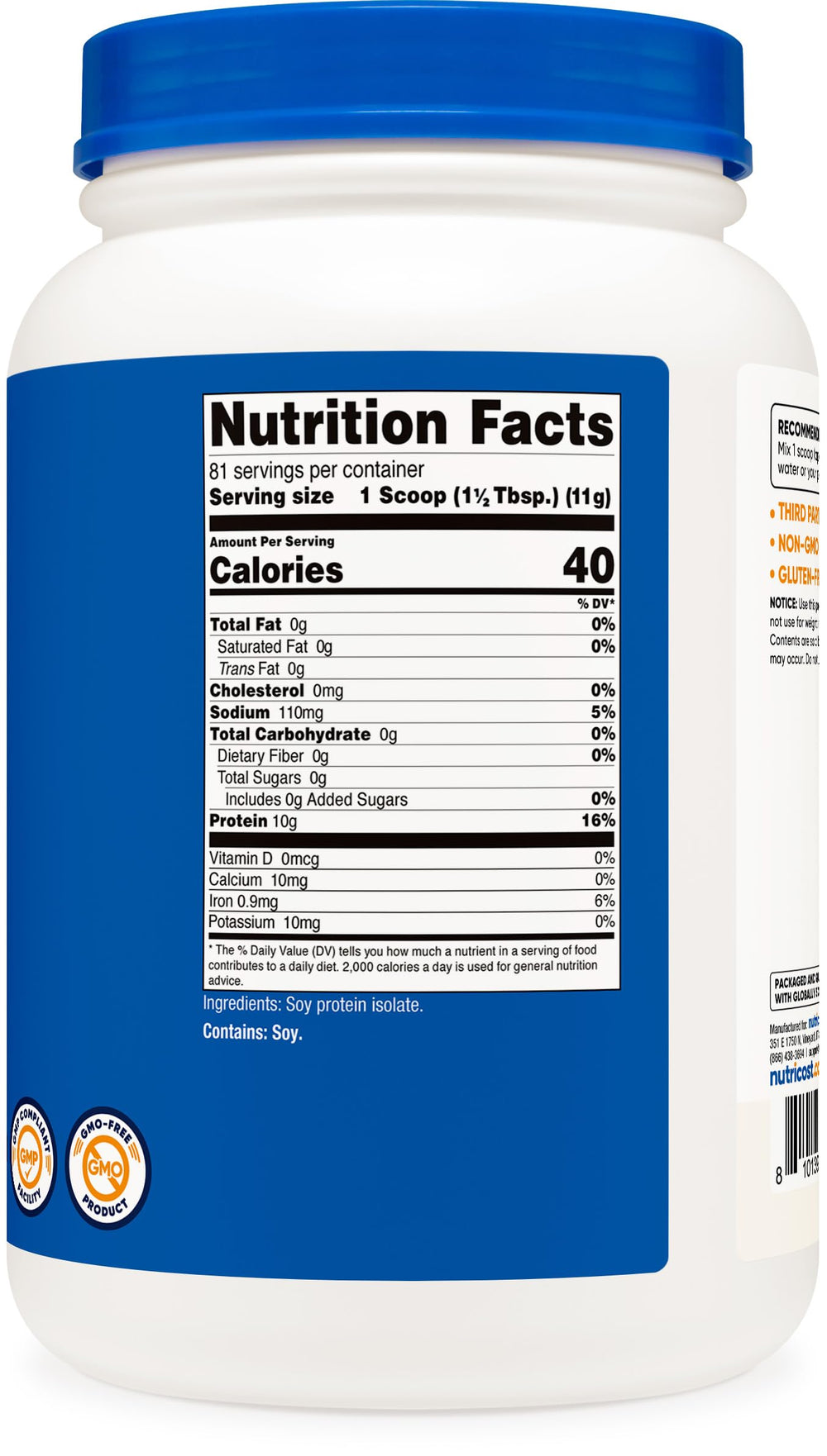 Nutricost Soy Protein Isolate Powder nutrition facts highlights 10 g protein per serving.