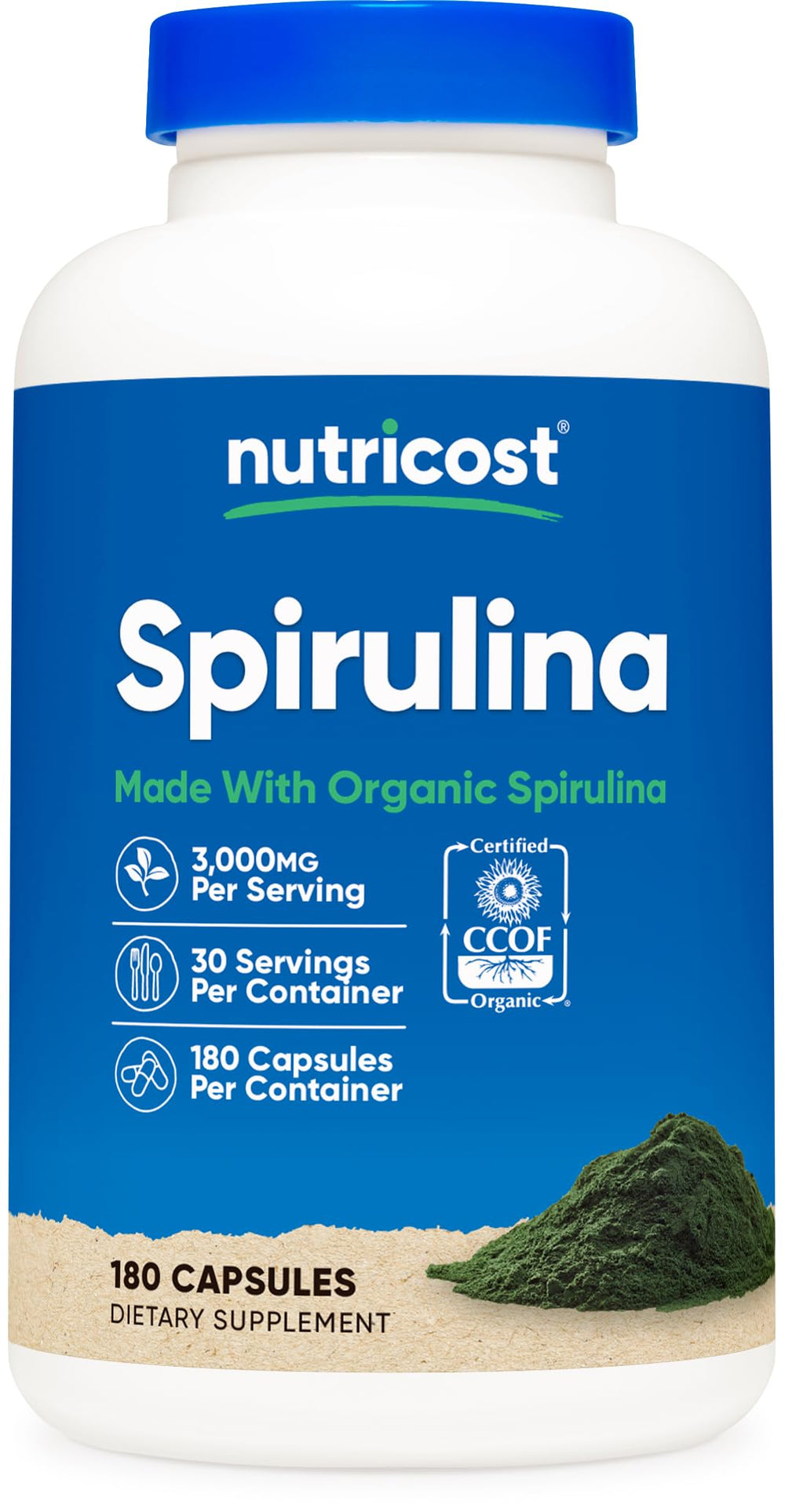 Front view of Nutricost Spirulina 3,000mg bottle with 180 capsules