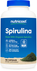 Front view of Nutricost Spirulina 3,000mg bottle with 180 capsules