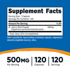 Close-up of Nutricost St John's Wort capsules showing 500 mg dosage