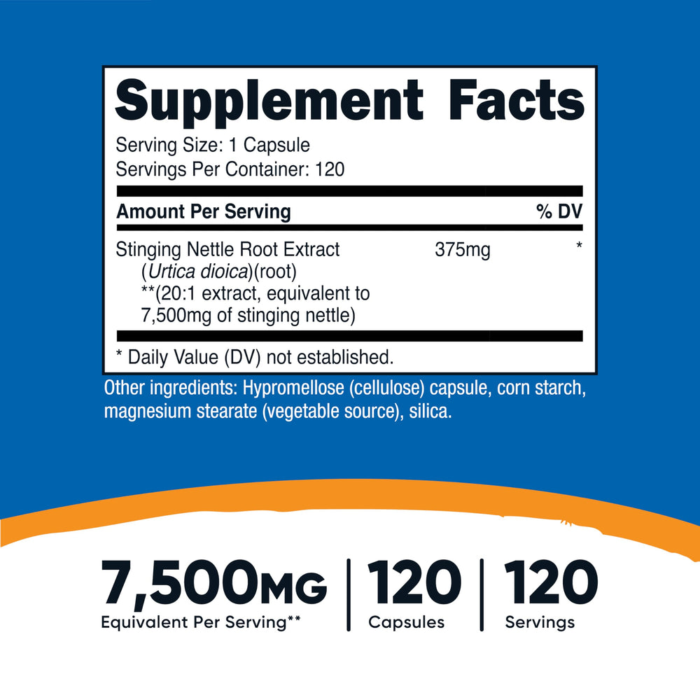 Bottle and capsule close-up of Nutricost Stinging Nettle Root Extract 7500mg