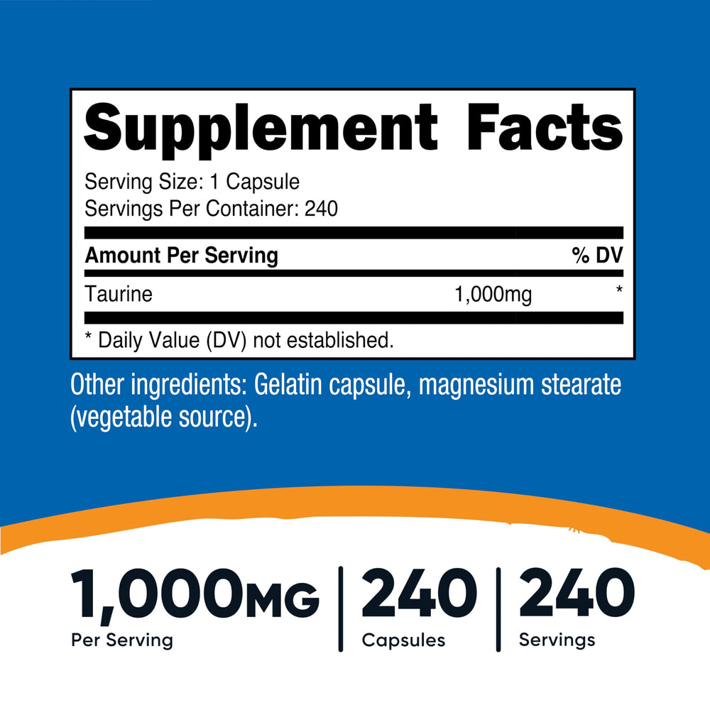 Close-up of Taurine bottle label – 1000mg per capsule