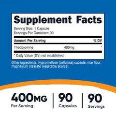 Nutricost Theobromine 400mg bottle label shows gluten free and non GMO details