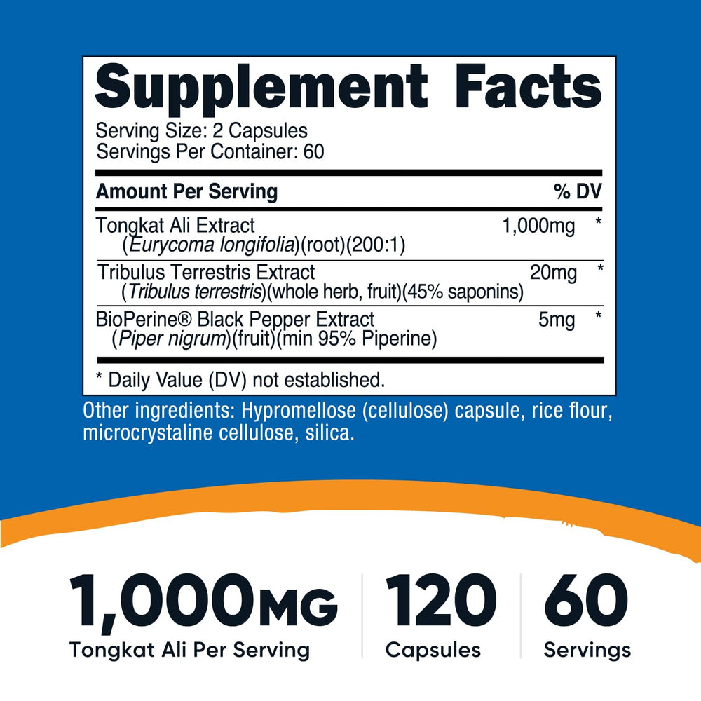 Ingredient panel showing 1000mg Tongkat Ali per serving with 200:1 extract