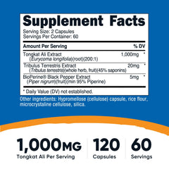 Ingredient panel showing 1000mg Tongkat Ali per serving with 200:1 extract